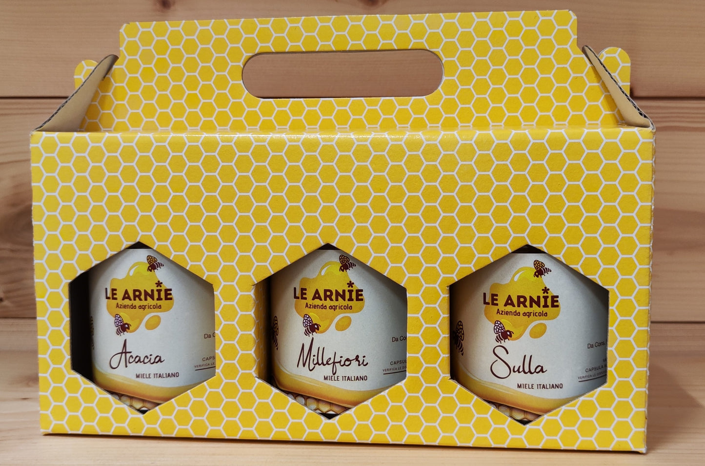 Tris di mieli (acacia, millefiori, sulla) confezione regalo, vasetti da 400g